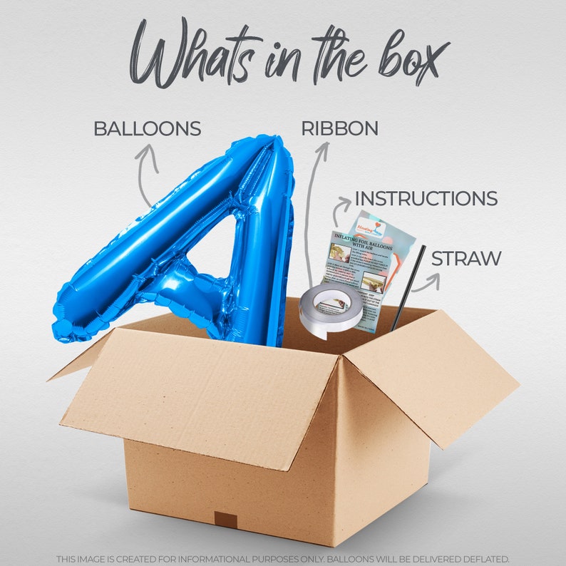 May include: A brown cardboard box with the words "Whats in the box" written in black. The box is open and contains a blue number 4 balloon, a roll of silver ribbon, a straw, and instructions for inflating balloons.