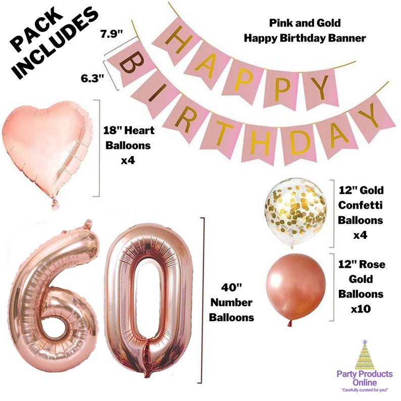 May include: Pink and gold happy birthday banner with gold lettering. The banner is strung with pink and gold balloons, including heart-shaped balloons, number balloons, and confetti balloons.