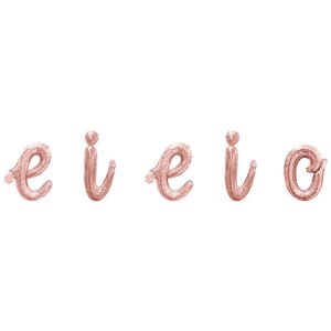 May include: Rose gold foil letter balloons spelling out the word "eiei o".