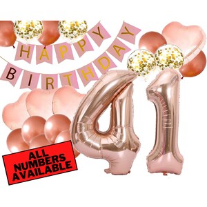 41st Birthday Decorations For Her - Pink and Rose Gold - 41st Birthday Balloons, Banner, Heart and Confetti Balloons - 41 Birthday Decor