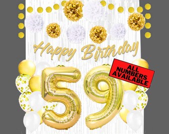 Gold & White 59th Birthday Decorations for Women - 40" Number Balloons, Banner, Foil Curtains, Balloons, Pom Poms - 59th Party Supplies