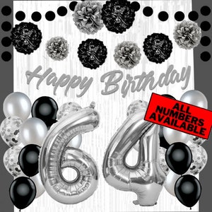 Silver & Black 64th Birthday Decorations for Women - 40&quot; Number Balloons, Banner, Foil Curtains, Balloons, Pom Poms - 64th Party Supplies