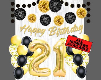 Black & Gold 21st Birthday Decorations for Men - 40" Number Balloons, Banner, Foil Curtains, Balloons, Pom Poms - 21st Party Supplies