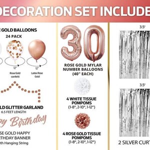 May include: A rose gold 30th birthday party decoration set includes 24 balloons, a banner, a garland, tissue pom-poms, and two silver curtains. The balloons are in pearl white, rose gold confetti, and latex rose gold. The banner says "Happy Birthday".