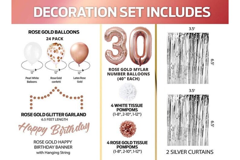 May include: A rose gold 30th birthday party decoration set includes 24 balloons, a banner, a garland, tissue pom-poms, and two silver curtains. The balloons are in pearl white, rose gold confetti, and latex rose gold. The banner says "Happy Birthday".