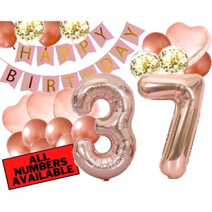 37th Birthday Decorations For Her - Pink and Rose Gold - 37th Birthday Balloons, Banner, Heart and Confetti Balloons - 37 Birthday Decor