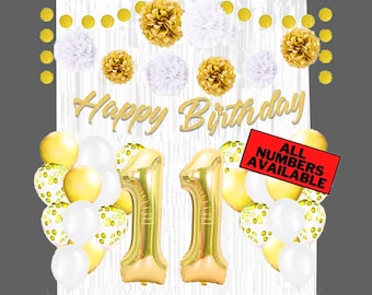Gold & White 11th Birthday Decorations for Boy - 40" Number Balloons, Banner, Foil Curtains, Balloons, Pom Poms - 11th Party Supplies