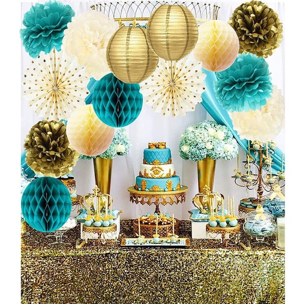 Teal and Gold Party Decorations for Women - Tissue Pom Poms and Polka Dot Fans - Birthday Party Supplies