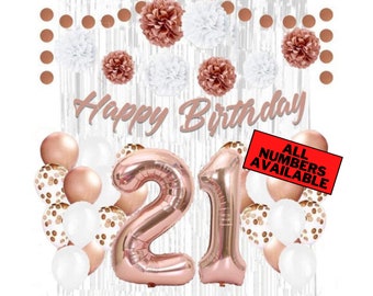 Rose Gold 21st Birthday Decorations for Women - 40" Number Balloons, Banner, Silver Foil Curtains, Balloons, Pom Poms - 21st Party Supplies