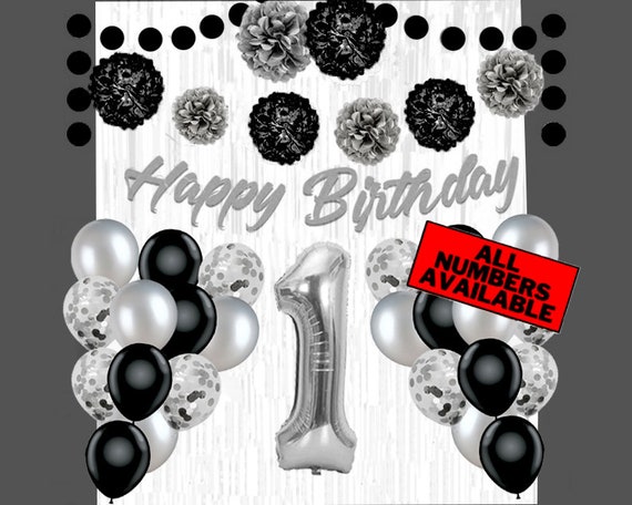 Silver & Black 1st Birthday Decorations for Baby 40 Number Balloon, Banner,  Foil Curtains, Balloons, Pom Poms 1st Party Supplies 