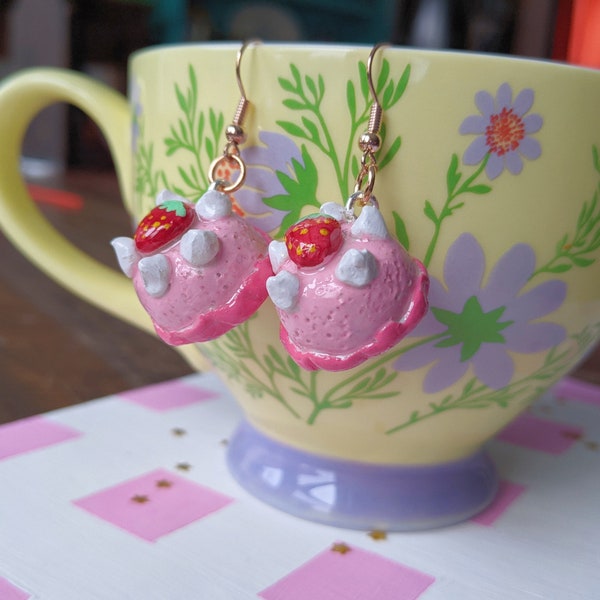 Pink Strawberry Cake Earrings - Handmade - Hand Painted - Cottagecore - Kidcore Vibes - Retro Jewelry - Good Vibes - Gifts For Her- Artsy