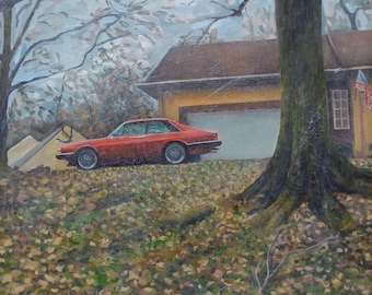 Old Red Jaguar Hazy Autumn Day Original Oil Painting