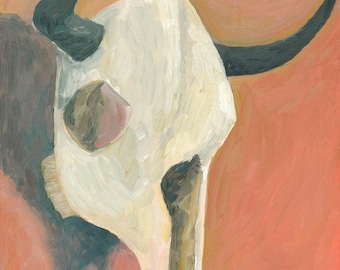 Original Oil Painting - Vintage Western Skull with Horns