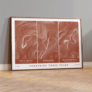 May include: A topographic map print of the Yorkshire Three Peaks, featuring Pen-y-Ghent, Whernside, and Ingleborough. The map is printed on a brown background with white contour lines. The text "Yorkshire Three Peaks" is printed in white at the bottom of the map. The map measures 24 miles and 1585 meters.
