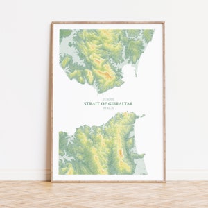 Straße von Gibraltar topographische Konturkarte | Mittelmeer-Reise-Druck