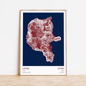 Stampa mappa Lipari / Isole Eolie Italia Vulcano - Stampa mappa montagna - Mappa contorno - Mappa topografica - Regalo escursioni