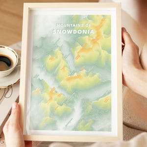 Mapa topográfico de Snowdonia, póster de la montaña Snowdon, arte mural con relieve de elevación, decoración geométrica para el hogar, impresión de Grib Coch Tryfan North Wales