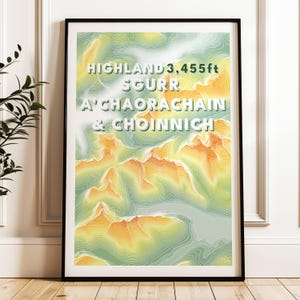 Munro-afdruk van Sgurr Choinnich en Sgurr a'Chaorachain | Topografische kaart Schotse Hooglanden | Schotland Munro-poster