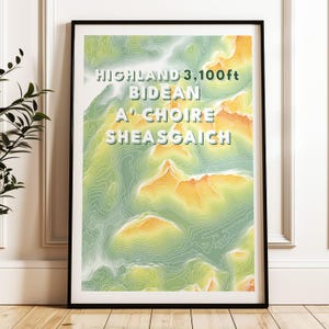 Bidein a' Choire Sheasgaich Munro-print | Topografische kaart Schotse Hooglanden | Schotland Munro-poster