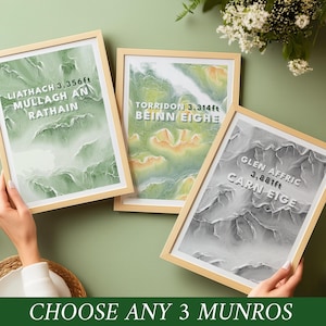 Munro Print Set 3 Custom Posters | Topographic Contour Poster | Scotland Mountains Maps | Choose ANY Three Munros
