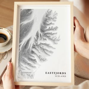 Mapa topográfico de los fiordos orientales de Islandia, impresión de contornos de elevación, arte mural escandinavo, decoración geométrica para el hogar