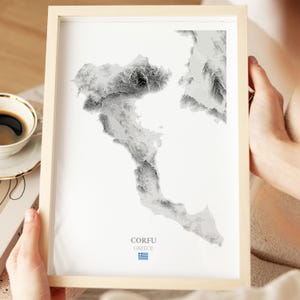 Korfu Griechenland Karte, Topographische Kontur Druck, Griechische Inseln Poster, Reise Wandkunst, Höhen Relief Wohnkultur