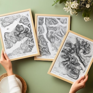 Ensemble de trois affiches personnalisées Munro | Cartes topographiques des courbes de niveau | Art mural Munro d'Écosse | Choisissez n'importe lequel des trois munros