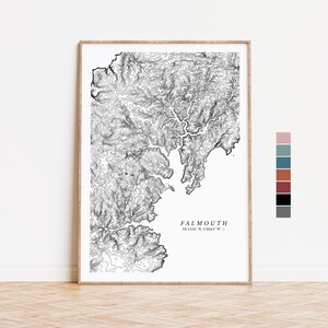 Falmouth Cornwall Topographische Konturkarte - Südküsten Reiseposter - Trelissick