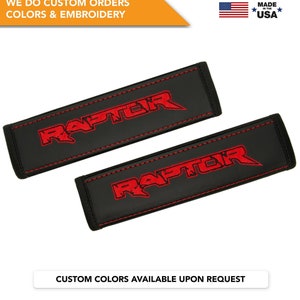 Car Seat Belt Covers Fit Ford Raptor F50 Red Embroidery Vegan Leather Black Shoulder Pads Handmade Custom Gift Idea