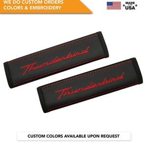 Car Seat Belt Covers Fit Ford Thunderbird Red Embroidery Vegan Leather Black Shoulder Pads Handmade Custom Gift Idea
