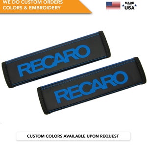 Copricinture di sicurezza per auto adatte a Recaro, ricamo blu, pelle vegana, spalline nere, idea regalo personalizzata fatta a mano