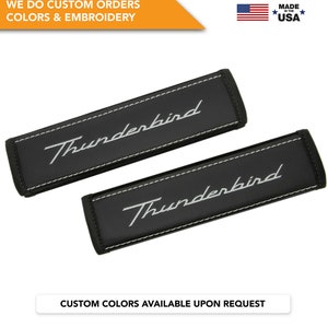 Car Seat Belt Covers Fit Ford Thunderbird Gray Embroidery Vegan Leather Black Shoulder Pads Handmade Custom Gift Idea