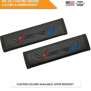 Car Seat Belt Covers Fit Corvette C7 ZR1 Embroidery Vegan Leather Black Shoulder Pads Handmade Custom Gift Idea