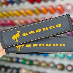 Car Seat Belt Covers Fit Ford Bronco Cyber Orange Embroidery Vegan Leather Black Shoulder Pads Handmade Custom Gift Idea