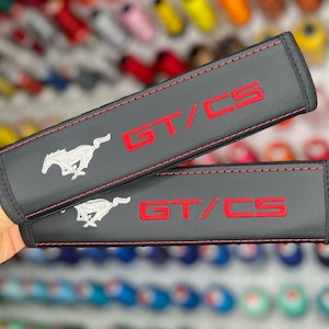 Car Seat Belt Covers Fit Mustang GT/CS California Special Red Embroidery Vegan Leather Black Shoulder Pads Handmade Custom Gift