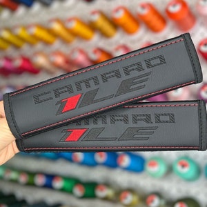 Car Seat Belt Covers Fit Chevrolet Camaro 1LE Black/Red Embroidery Black Shoulder Pads Handmade Custom Gift Idea Vegan Leather