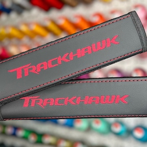 Car Seat Belt Covers Fit Trackhawk Octane Red  Embroidery Vegan Leather Black Shoulder Pads Handmade Custom Gift Idea