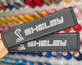Car Seat Belt Covers Fit Mustang Shelby Cobra Gray Embroidery Vegan Leather Black Shoulder Pads Handmade Custom Gift Idea