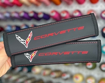Car Seat Belt Covers Fit Corvette C8 Red Embroidery Vegan Leather Black Shoulder Pads Handmade Custom Gift Idea