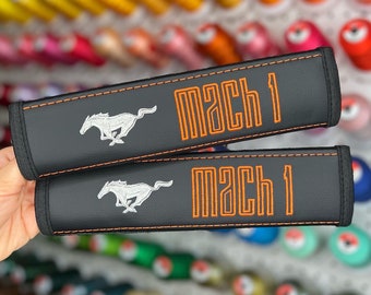 Car Seat Belt Covers Fit Mustang Mach1 Orange Embroidery Vegan Leather Black Shoulder Pads Handmade Custom Gift Idea