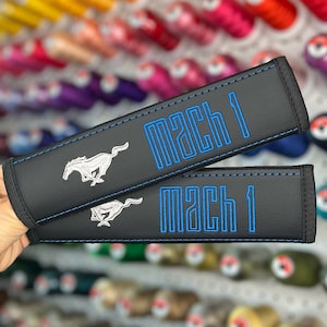 Car Seat Belt Covers Fit Mustang Mach 1 Blue Embroidery Vegan Leather Black Shoulder Pads Handmade Custom Gift Idea