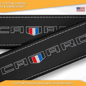 Car Seat Belt Covers Fit Chevrolet Camaro TriColor Embroidery Vegan Leather Black Shoulder Pads Handmade Custom Gift Idea