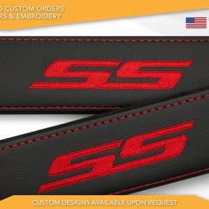 Car Seat Belt Covers Fit Chevrolet SS Red Embroidery Vegan Leather Black Shoulder Pads Handmade Custom Gift Idea