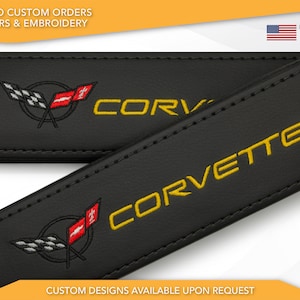 Car Seat Belt Covers Fit Chevrolet Corvette C5 Yellow Embroidery Vegan Leather Black Shoulder Pads Handmade Custom Gift Idea