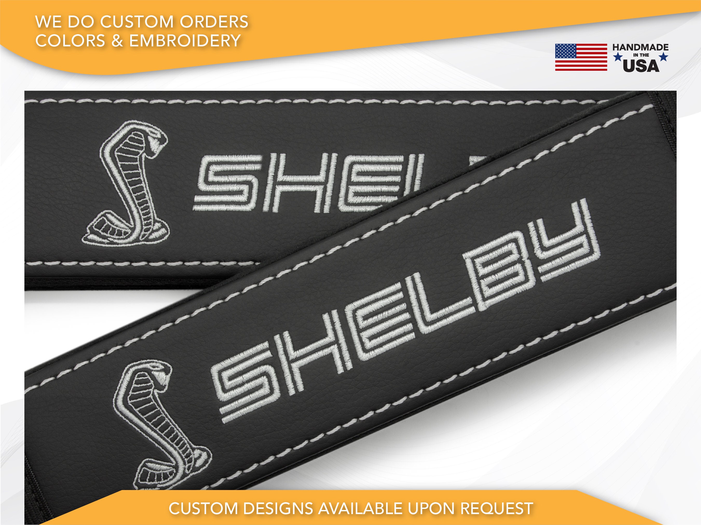 Car Seat Belt Covers Fit Mustang Shelby Cobra Gray Embroidery Vegan Leather  Black Shoulder Pads Handmade Custom Gift Idea set of 2 