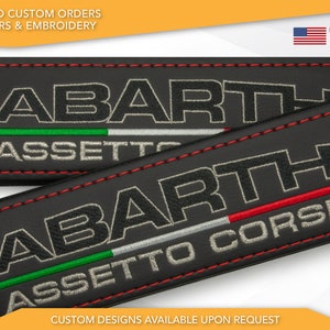 Car Seat Belt Covers Fit Abarth Italy Assetto Corse Embroidery Vegan Leather Black Shoulder Pads Handmade Custom Gift Idea