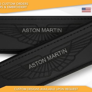 Car Seat Belt Covers Fit Aston Martin Black Embroidery Vegan Leather Black Shoulder Pads Handmade Custom Gift Idea