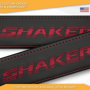 Car Seat Belt Covers Fit Shaker Octane Red Embroidery Vegan Leather Black Shoulder Pads Handmade Custom Gift Idea