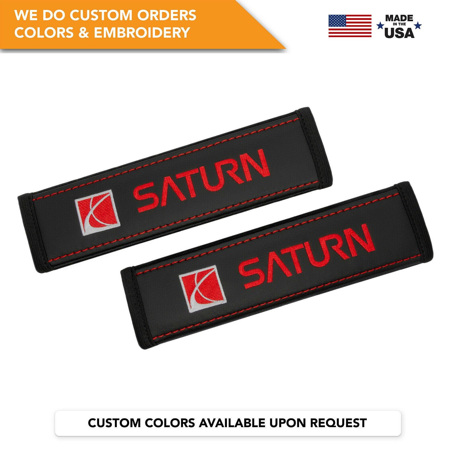 Car Seat Belt Covers Fit Saturn Red Embroidery Vegan Leather Black Shoulder Pads Handmade Custom Gift Idea