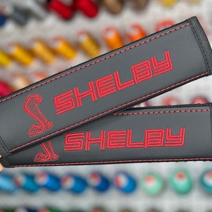 Car Seat Belt Covers Fit Ford Mustang Shelby Cobra Red Embroidery Vegan Leather Black Shoulder Pads Handmade Custom Gift Idea